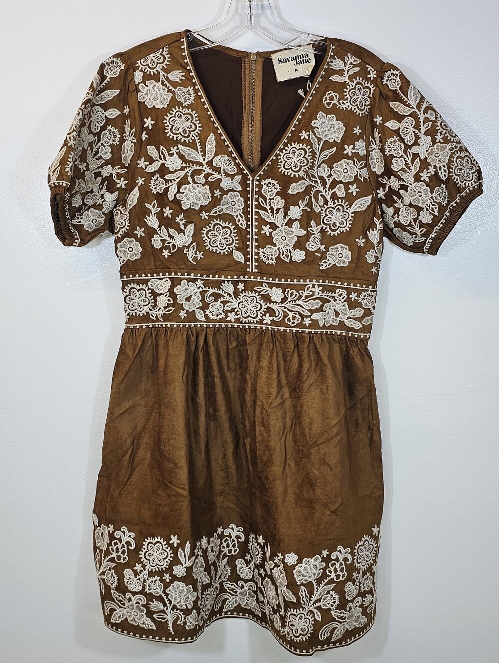 Savanna Jane Brown Suede Embroidered Floral Women's Dress